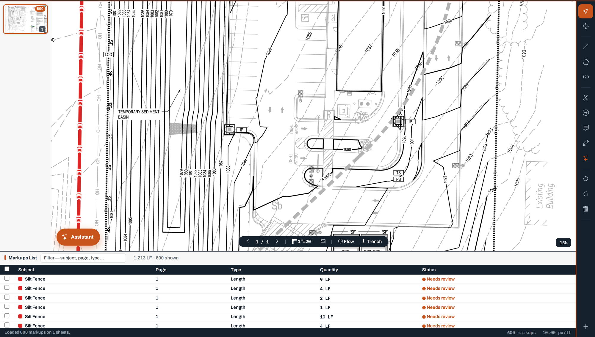 The same sheet after the platform traced and measured the silt fence
