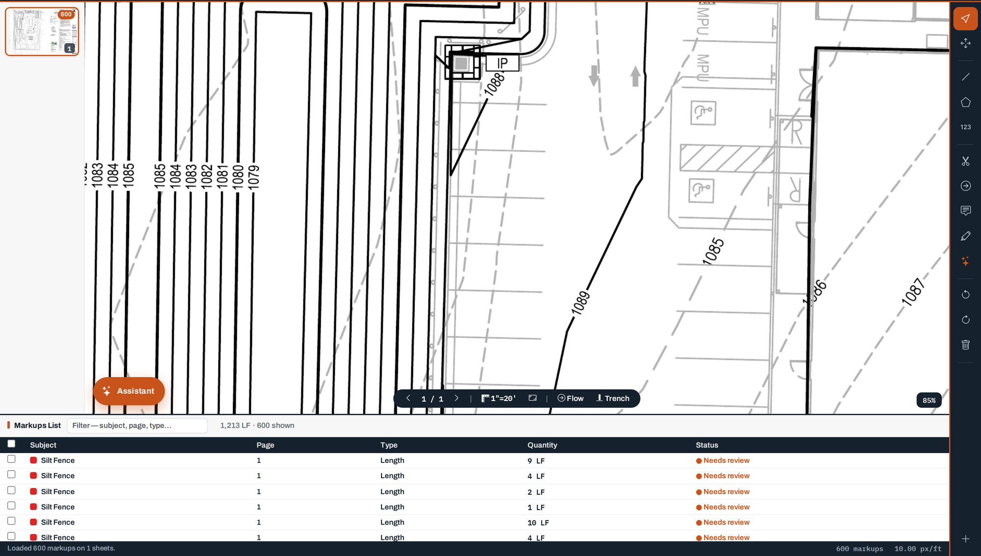 Zoomed detail of a traced silt fence run on the plan